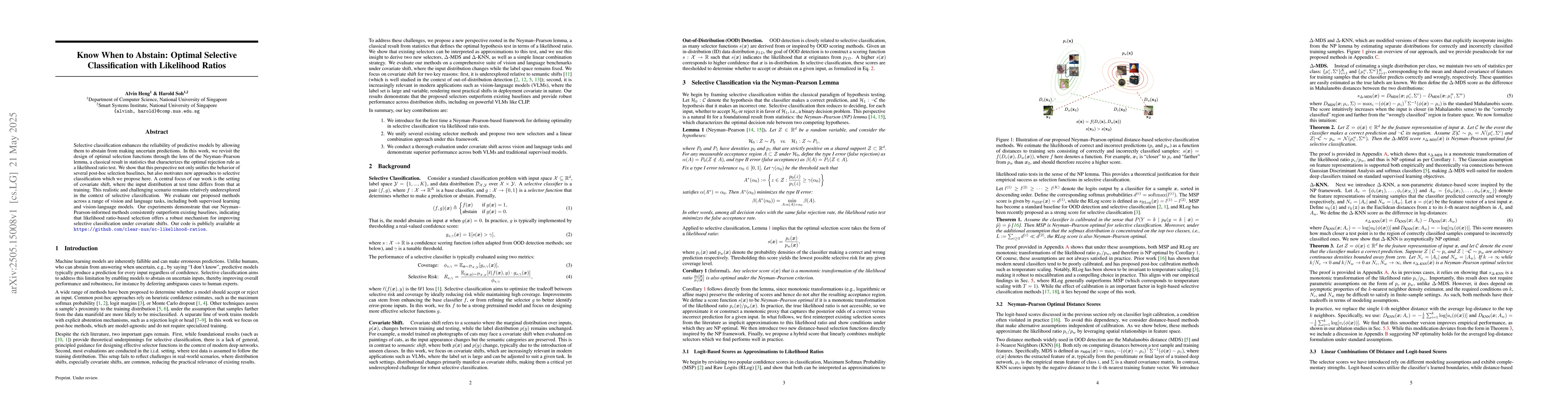 Thumbnail for Know When to Abstain: Optimal Selective Classification with Likelihood
  Ratios