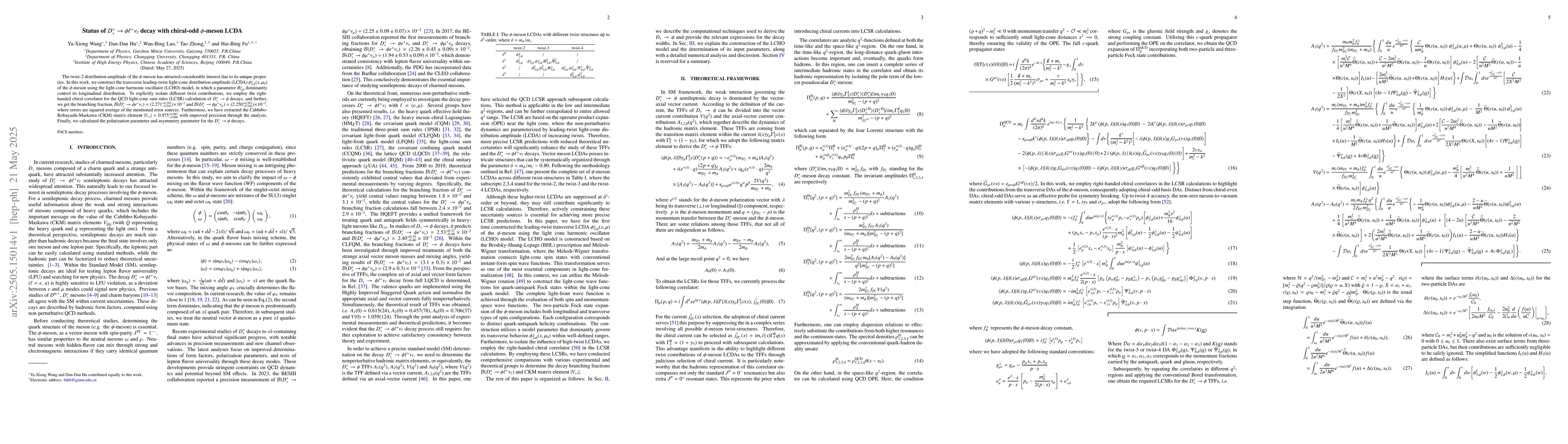 Thumbnail for Status of $D_s^+\toφ\ell^+ν_\ell$ decay with chiral-odd
  $φ$-meson LCDA