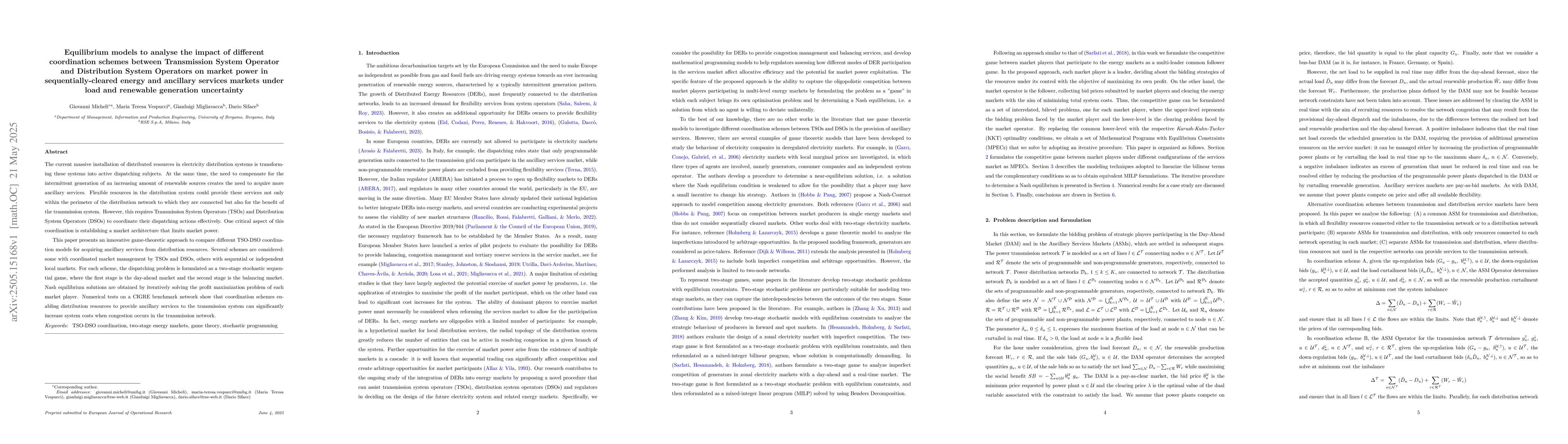 Thumbnail for Equilibrium models to analyse the impact of different coordination
  schemes between TSO and DSOs on market power in sequentially-cleared energy
  and ancillary services markets under load and renewable generation
  uncertainty