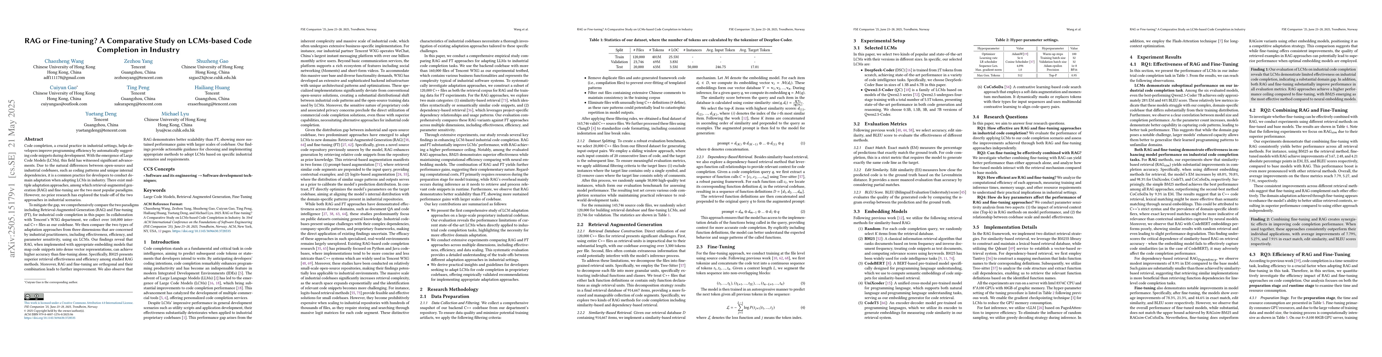 Thumbnail for RAG or Fine-tuning? A Comparative Study on LCMs-based Code Completion in
  Industry