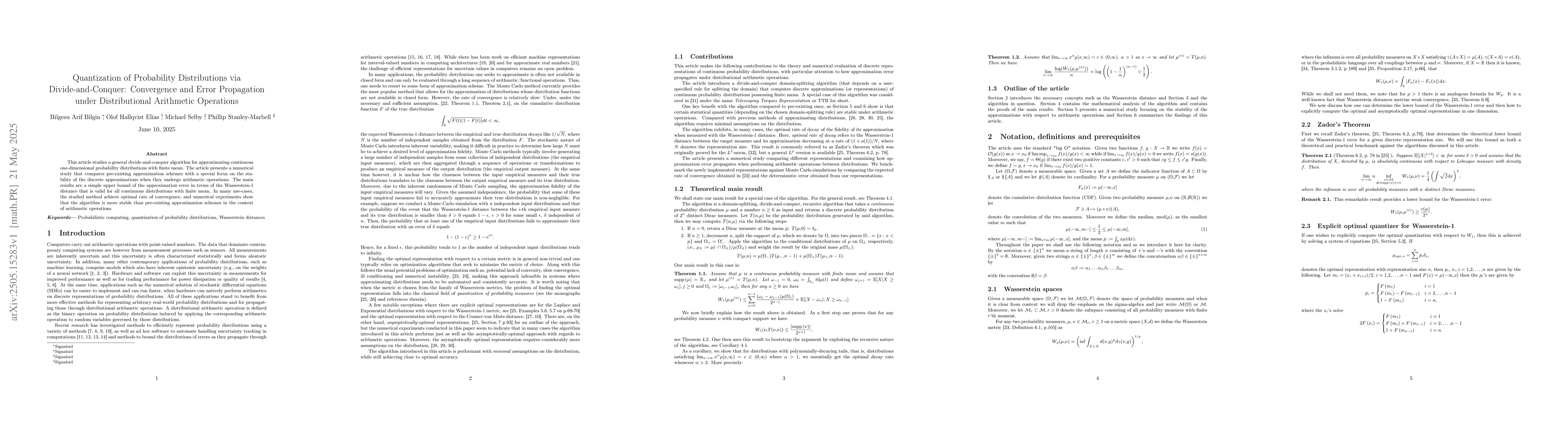 Thumbnail for Quantization of Probability Distributions via Divide-and-Conquer:
  Convergence and Error Propagation under Distributional Arithmetic Operations