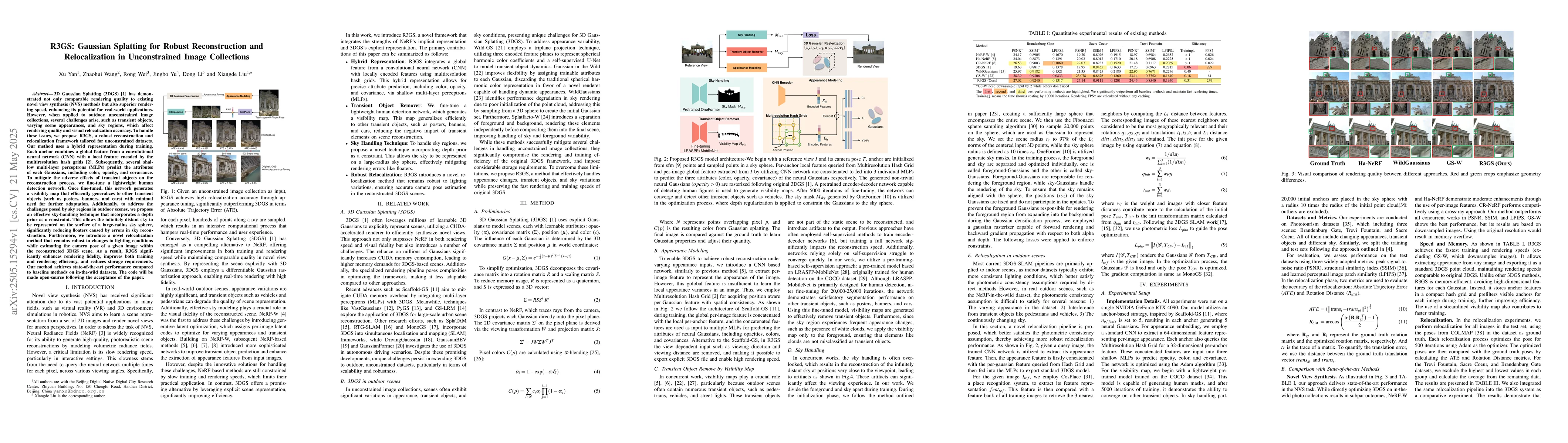 Thumbnail for R3GS: Gaussian Splatting for Robust Reconstruction and Relocalization in
  Unconstrained Image Collections