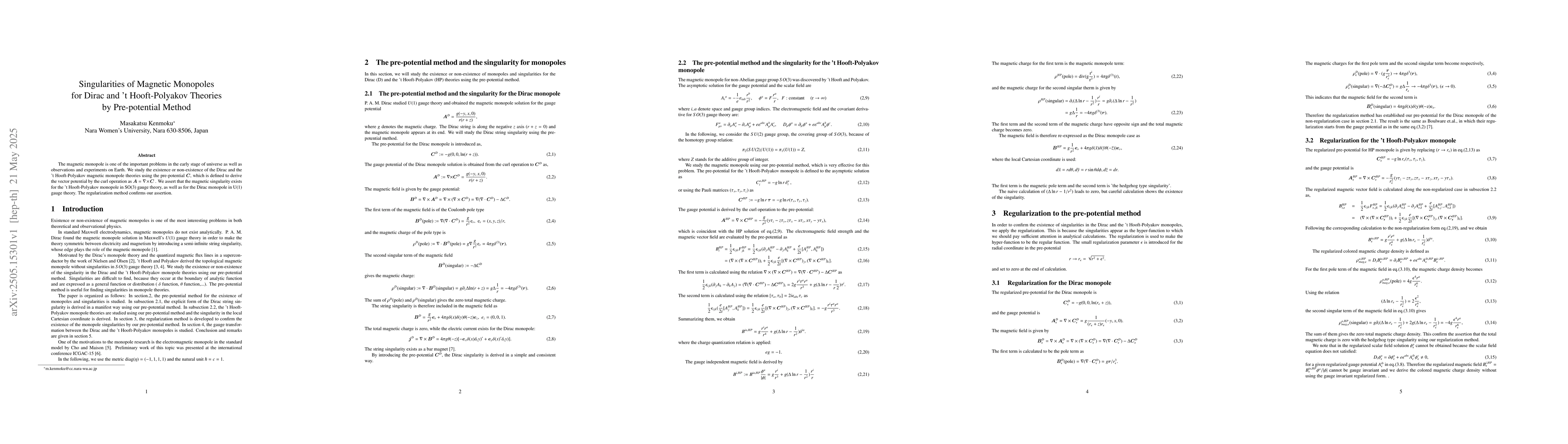 Thumbnail for Singularities of Magnetic Monopoles for Dirac and 't Hooft-Polyakov
  Theories by Pre-potential Method