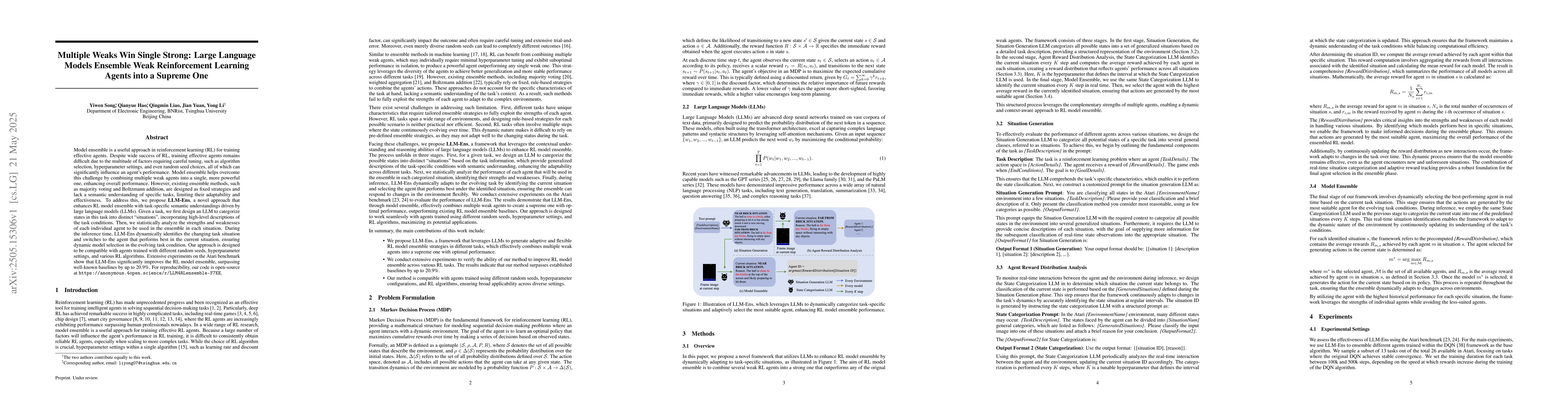 Thumbnail for Multiple Weaks Win Single Strong: Large Language Models Ensemble Weak
  Reinforcement Learning Agents into a Supreme One