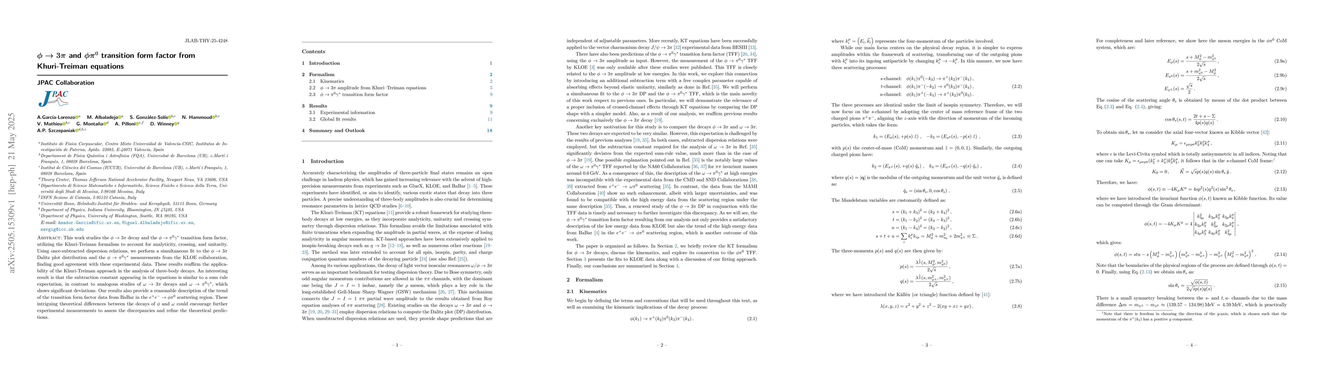 Thumbnail for $φ\to 3π$ and $φπ^{0}$ transition form factor from
  Khuri-Treiman equations