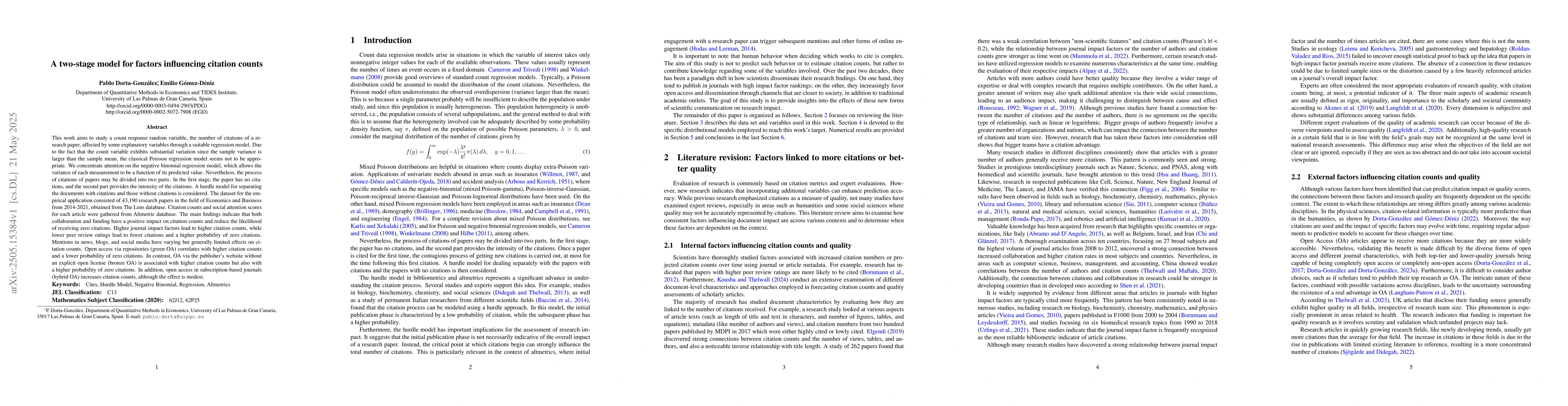 Thumbnail for A two-stage model for factors influencing citation counts