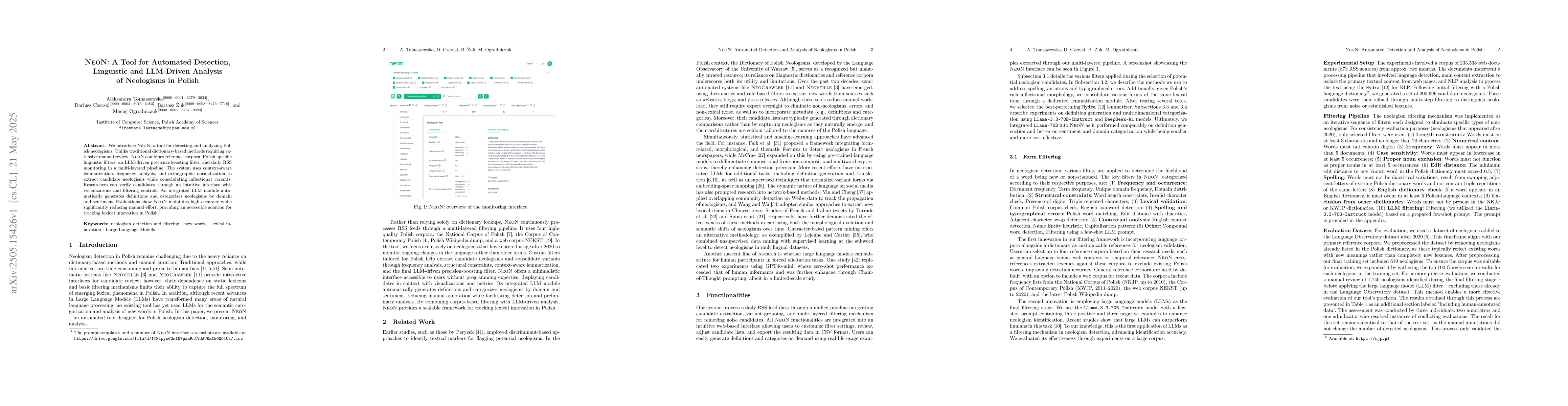 Thumbnail for NeoN: A Tool for Automated Detection, Linguistic and LLM-Driven Analysis
  of Neologisms in Polish