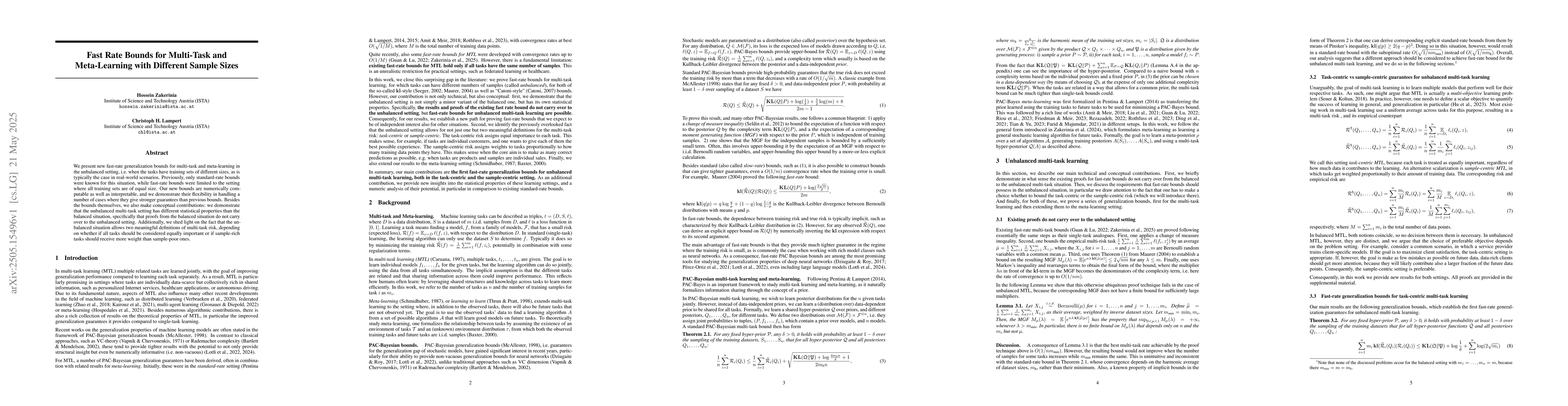 Thumbnail for Fast Rate Bounds for Multi-Task and Meta-Learning with Different Sample
  Sizes