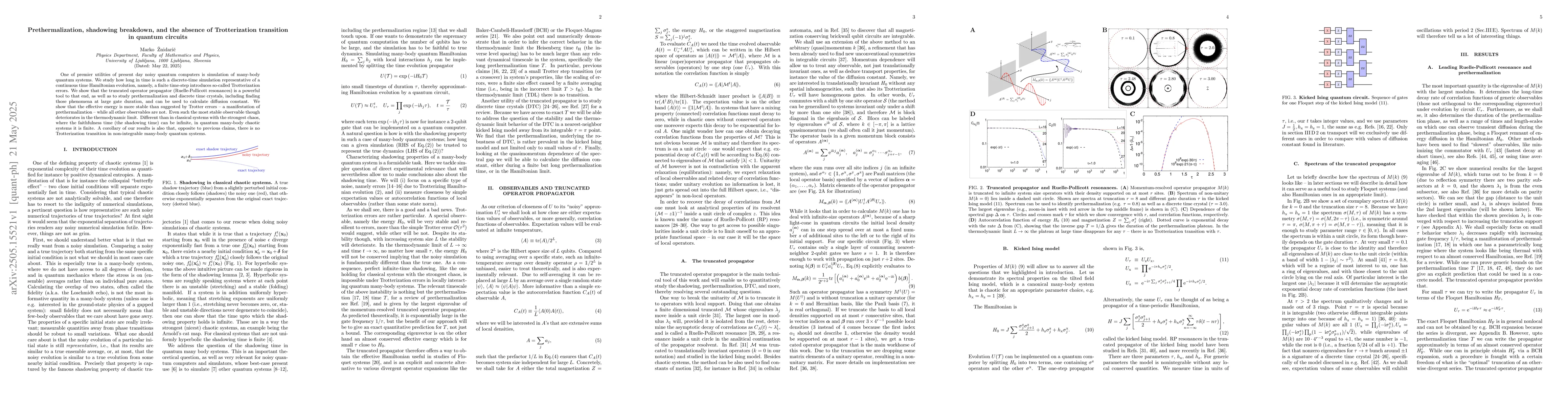 Thumbnail for Prethermalization, shadowing breakdown, and the absence of
  Trotterization transition in quantum circuits