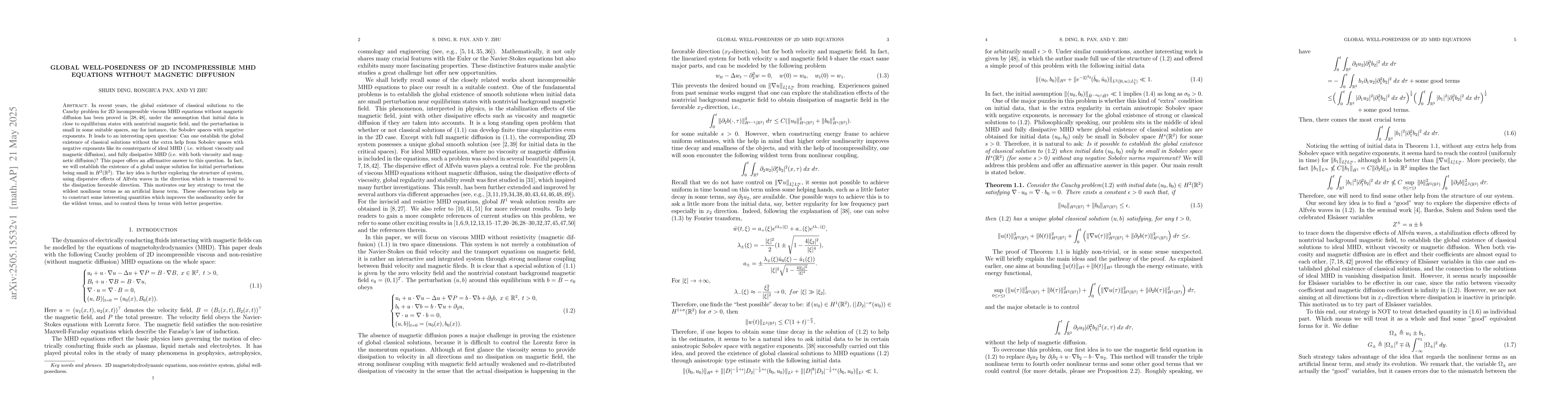 Thumbnail for Global well-posedness of 2D incompressible MHD equations without
  magnetic diffusion