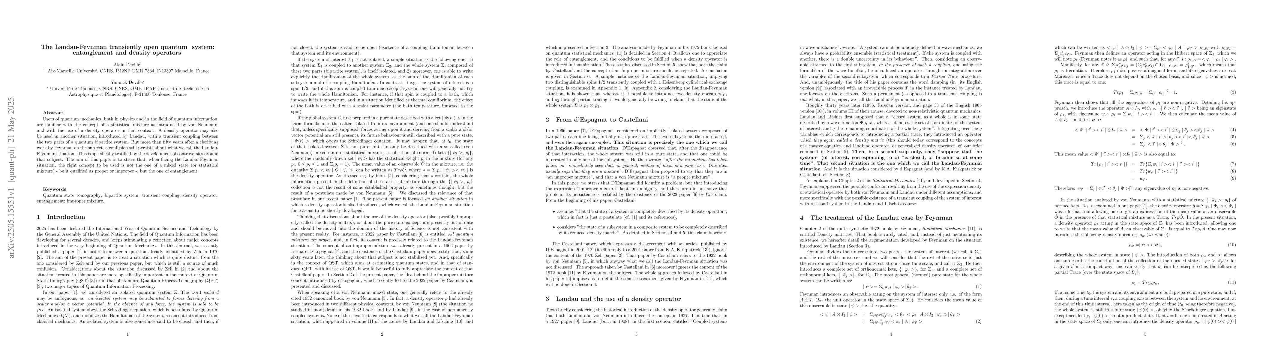 Thumbnail for The Landau-Feynman transiently open quantum system: entanglement and
  density operators