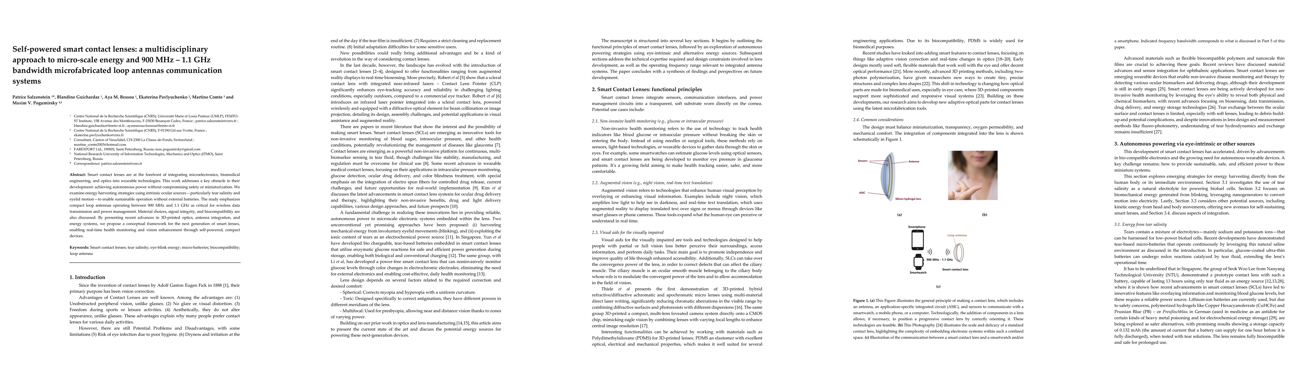 Thumbnail for Self-powered smart contact lenses: a multidisciplinary approach to
  micro-scale energy and 900 MHz - 1.1 GHz bandwidth microfabricated loop
  antennas communication systems