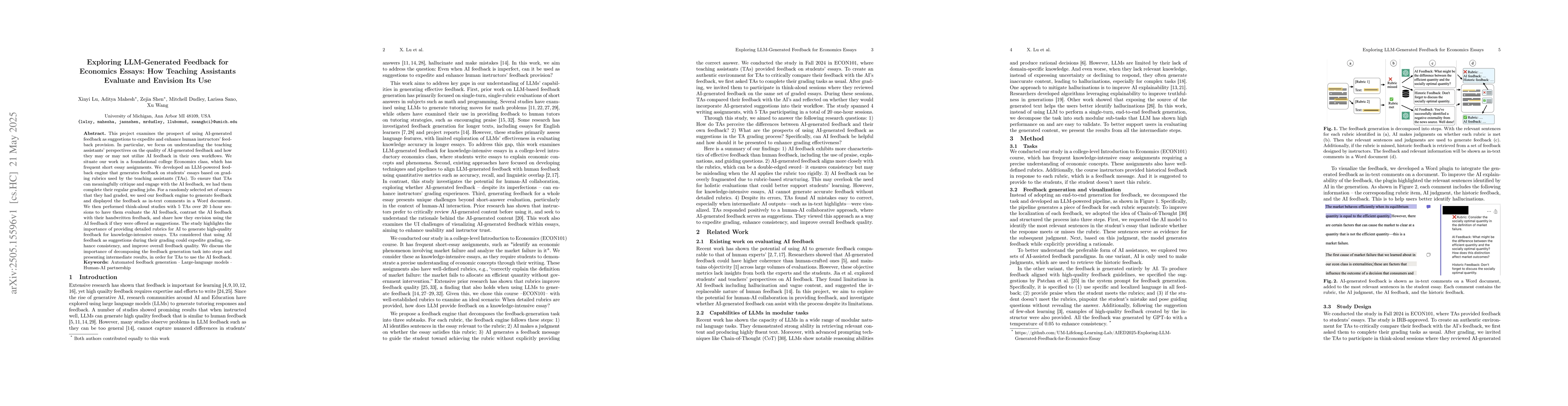 Thumbnail for Exploring LLM-Generated Feedback for Economics Essays: How Teaching
  Assistants Evaluate and Envision Its Use
