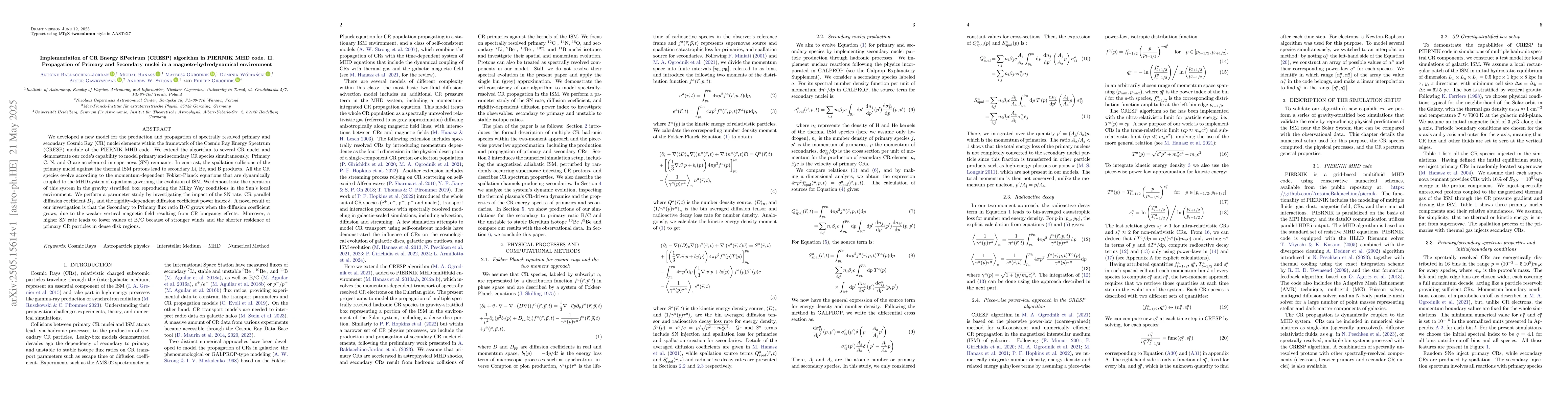 Thumbnail for Implementation of CR Energy SPectrum (CRESP) algorithm in PIERNIK MHD
  code. II. Propagation of Primary and Secondary nuclei in a
  magneto-hydrodynamical environment