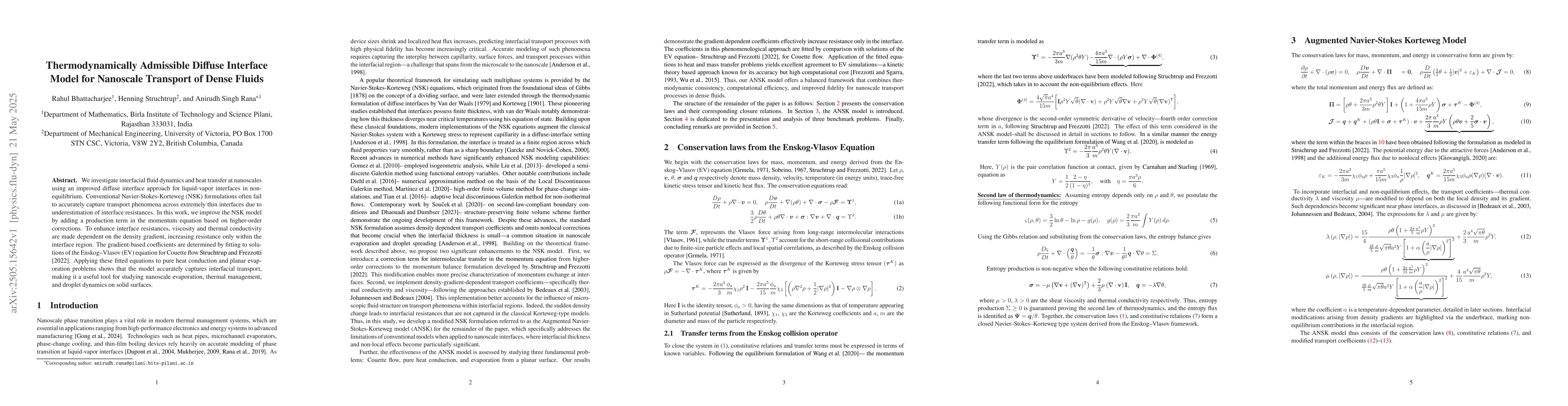 Thumbnail for Thermodynamically Admissible Diffuse Interface Model for Nanoscale
  Transport of Dense Fluids