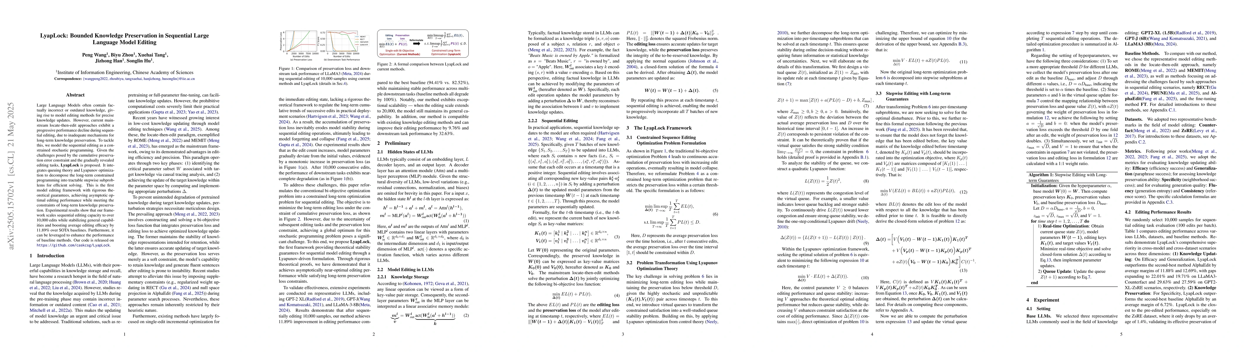 Thumbnail for LyapLock: Bounded Knowledge Preservation in Sequential Large Language
  Model Editing