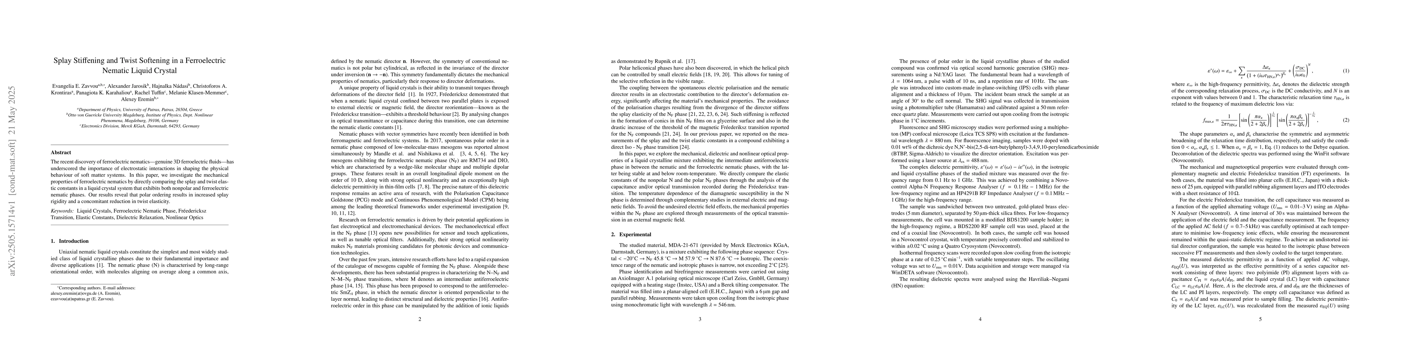 Thumbnail for Splay Stiffening and Twist Softening in a Ferroelectric Nematic Liquid
  Crystal