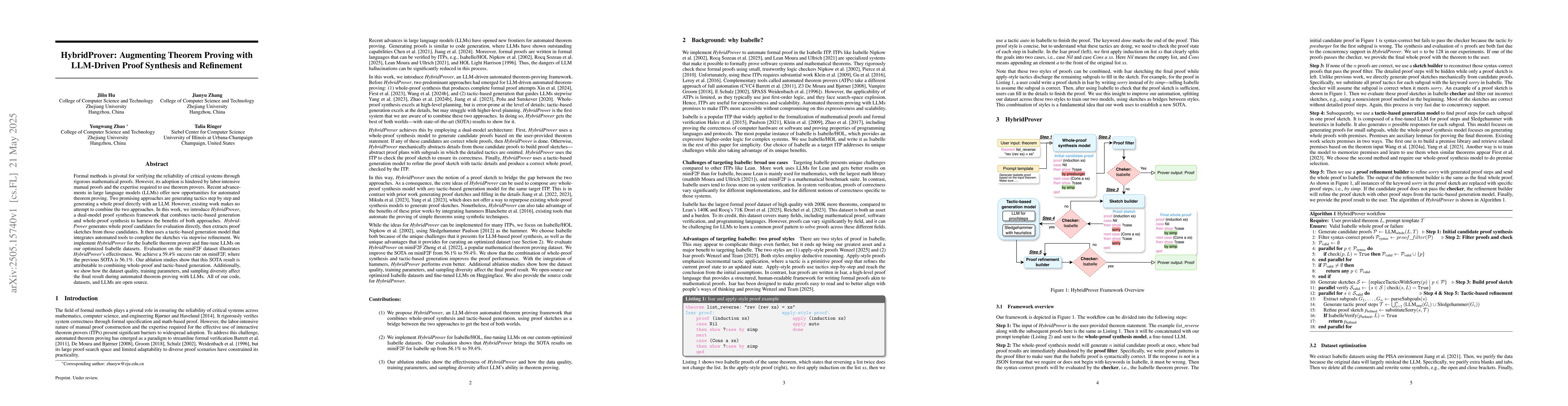 Thumbnail for HybridProver: Augmenting Theorem Proving with LLM-Driven Proof Synthesis
  and Refinement