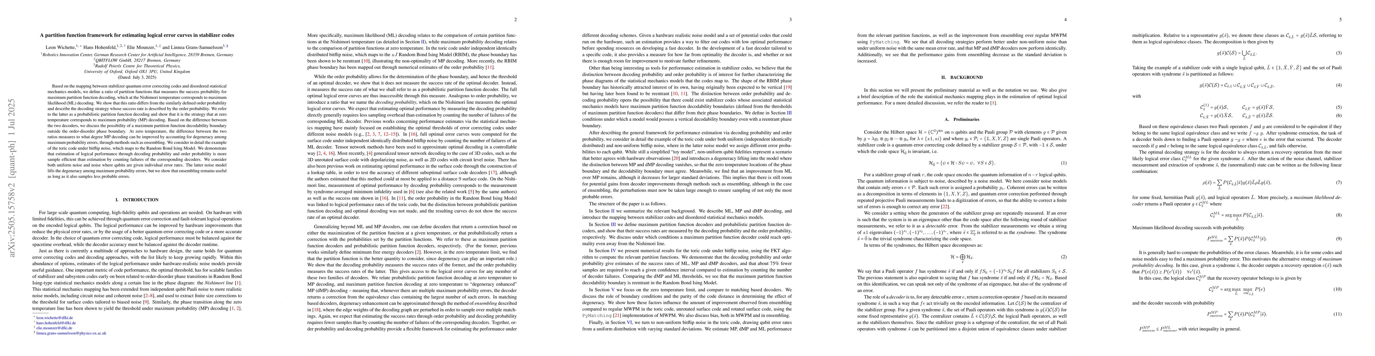 Thumbnail for A partition function framework for estimating logical error curves in
  stabilizer codes