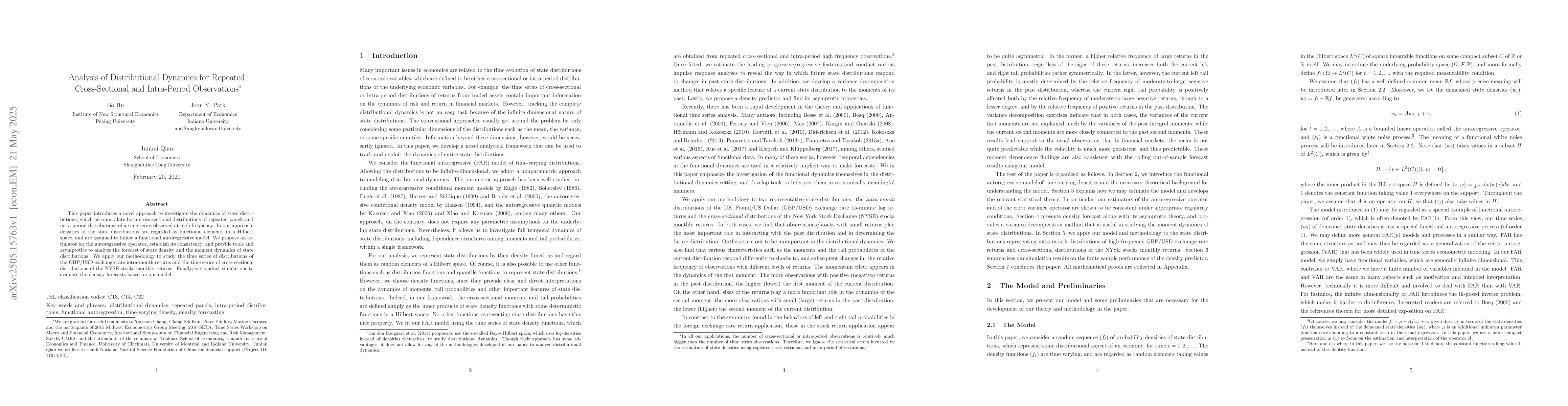 Thumbnail for Analysis of Distributional Dynamics for Repeated Cross-Sectional and
  Intra-Period Observations