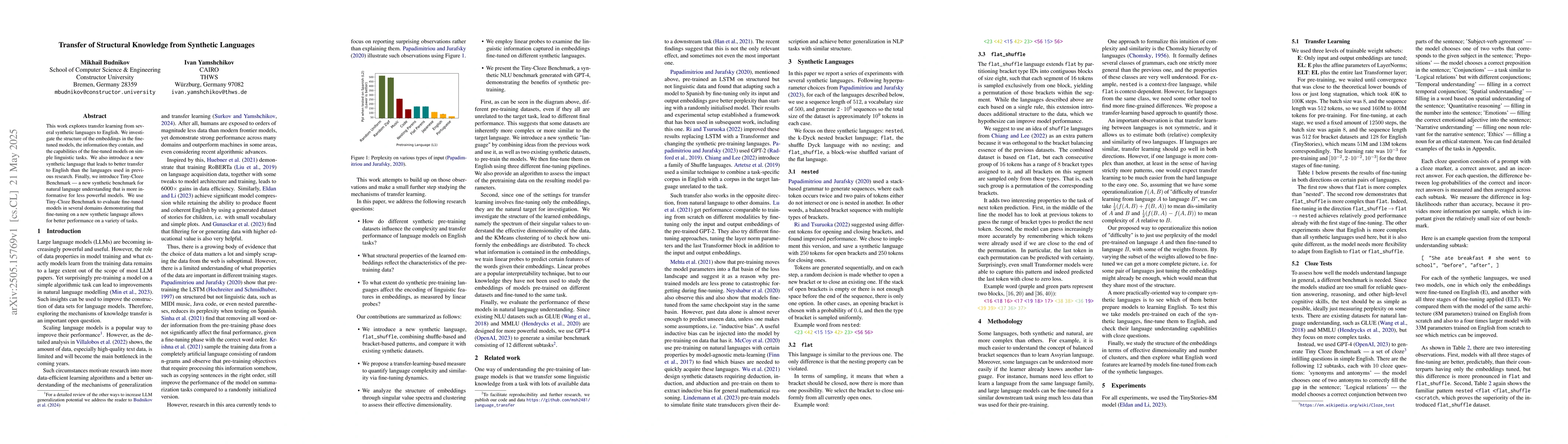 Thumbnail for Transfer of Structural Knowledge from Synthetic Languages