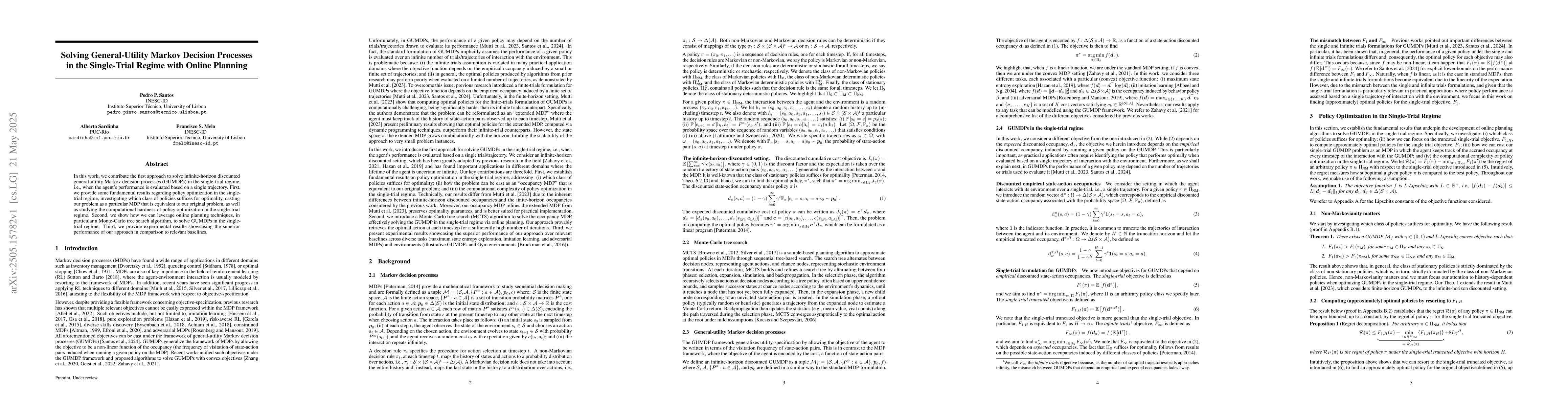 Thumbnail for Solving General-Utility Markov Decision Processes in the Single-Trial
  Regime with Online Planning