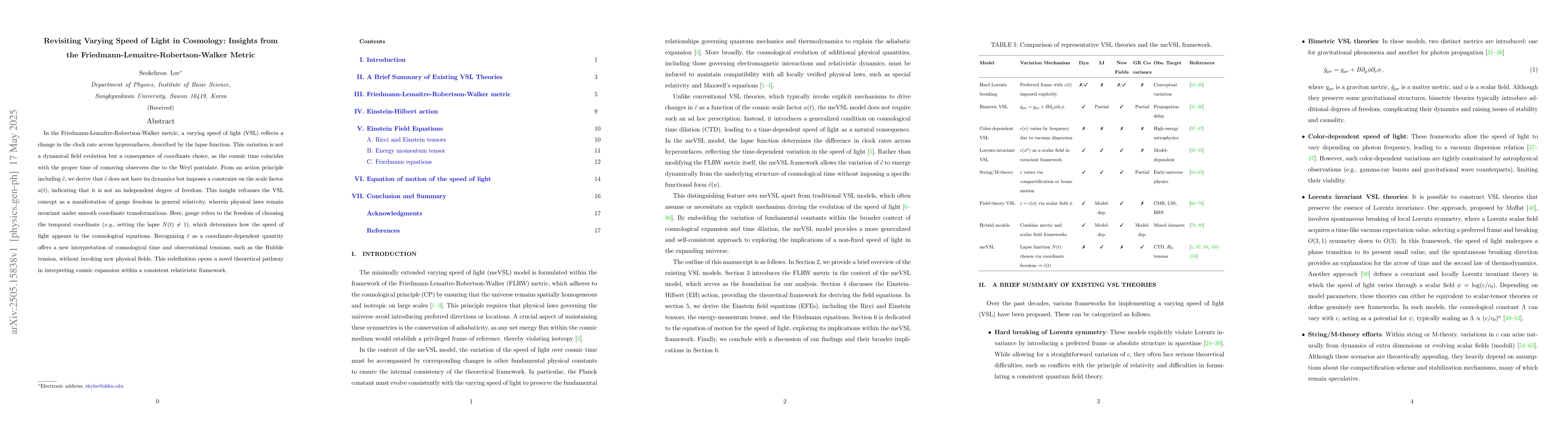 Thumbnail for Revisiting Varying Speed of Light in Cosmology: Insights from the
  Friedmann-Lemaître-Robertson-Walker Metric