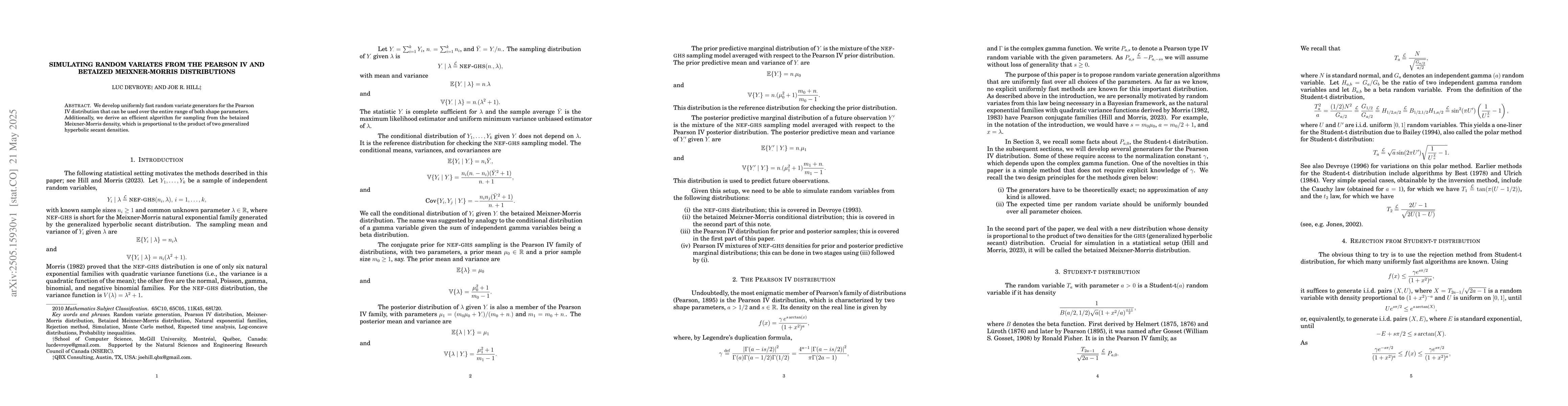 Thumbnail for Simulating random variates from the Pearson IV and betaized
  Meixner-Morris distributions