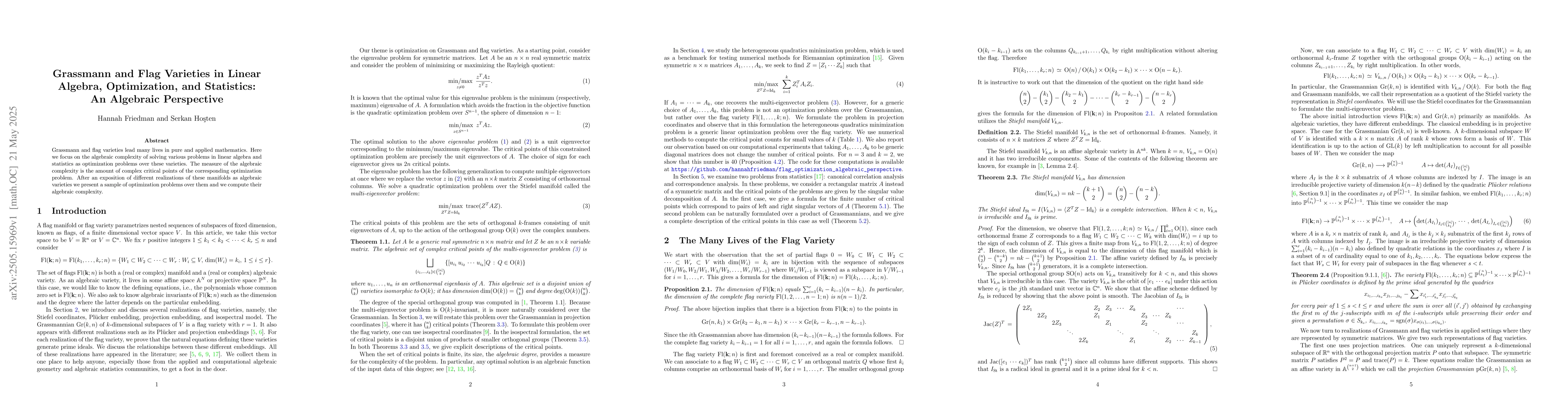 Thumbnail for Grassmann and Flag Varieties in Linear Algebra, Optimization, and
  Statistics: An Algebraic Perspective
