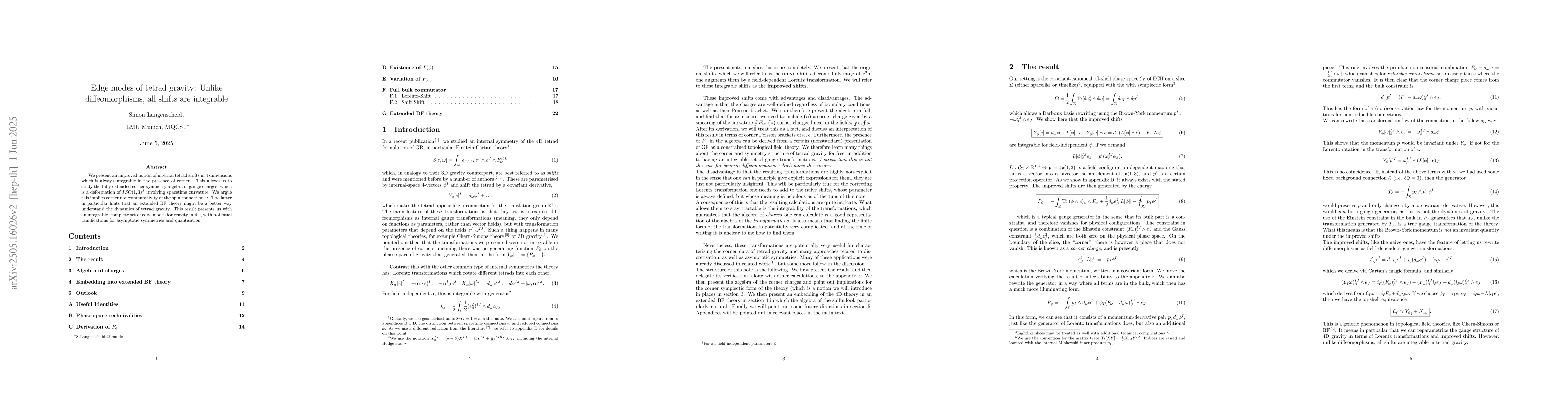 Thumbnail for Edge modes of tetrad gravity: Unlike diffeomorphisms, all shifts are
  integrable