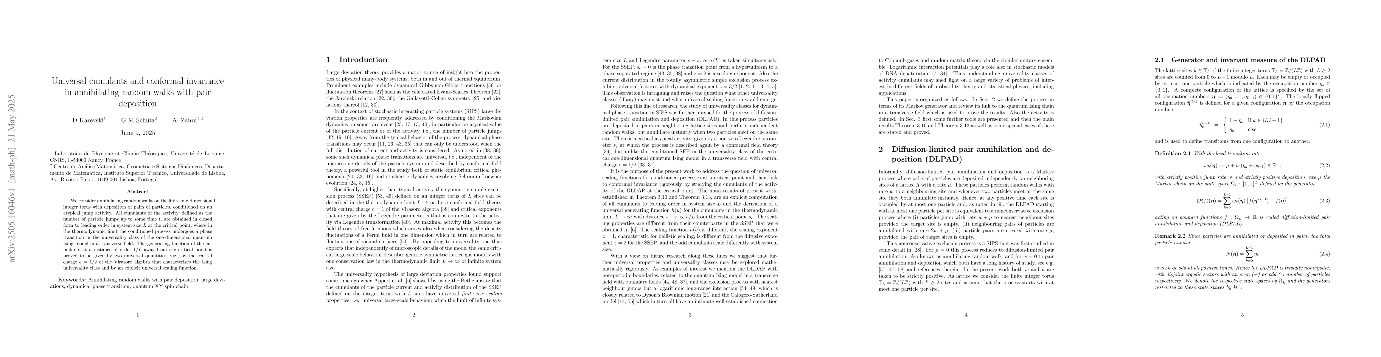 Thumbnail for Universal cumulants and conformal invariance in annihilating random
  walks with pair deposition