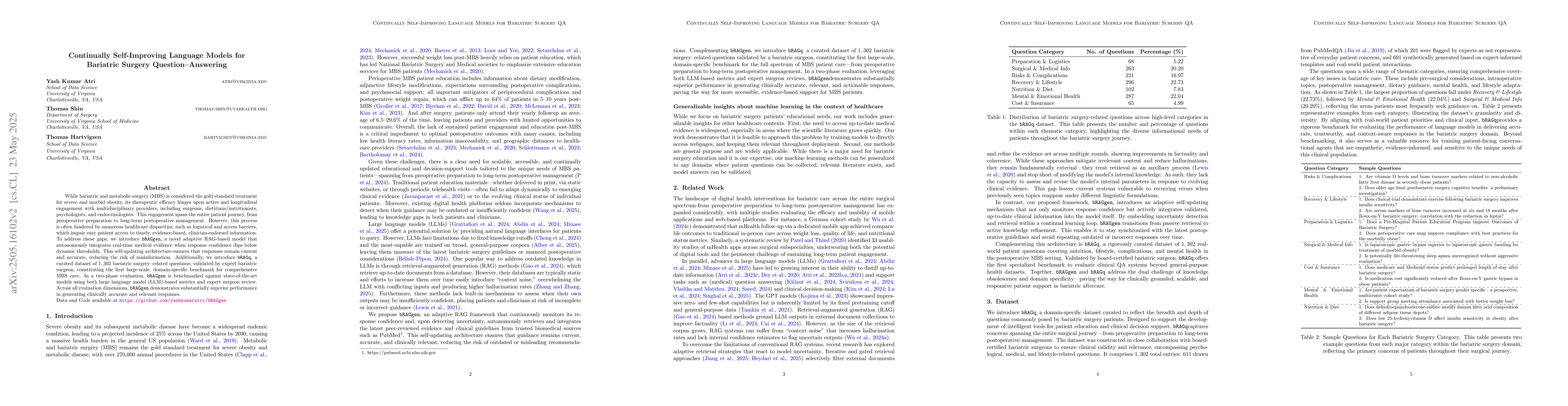 Thumbnail for Continually Self-Improving Language Models for Bariatric Surgery
  Question--Answering