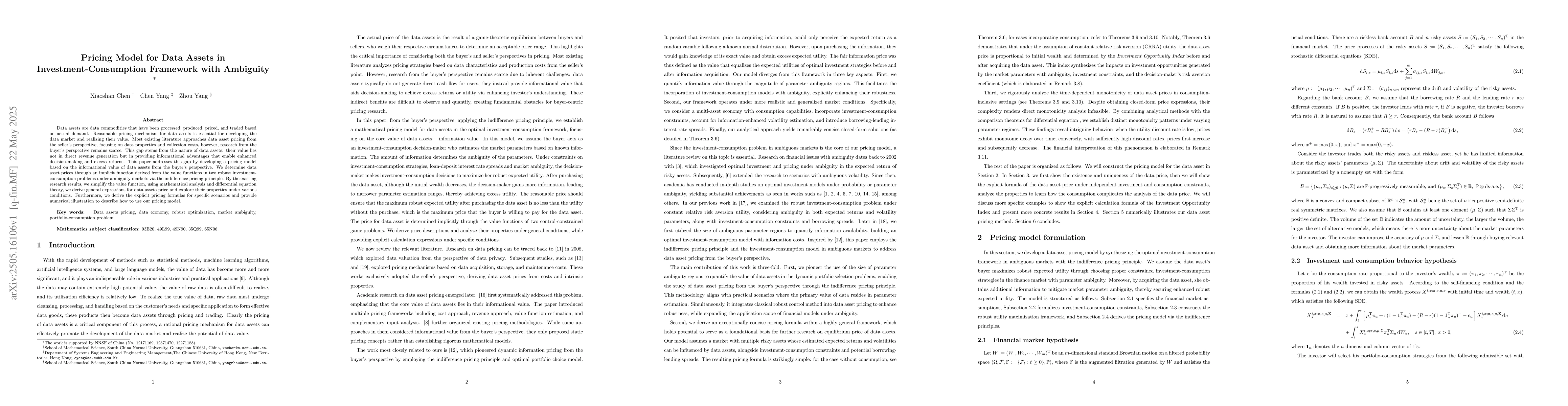Thumbnail for Pricing Model for Data Assets in Investment-Consumption Framework with
  Ambiguity