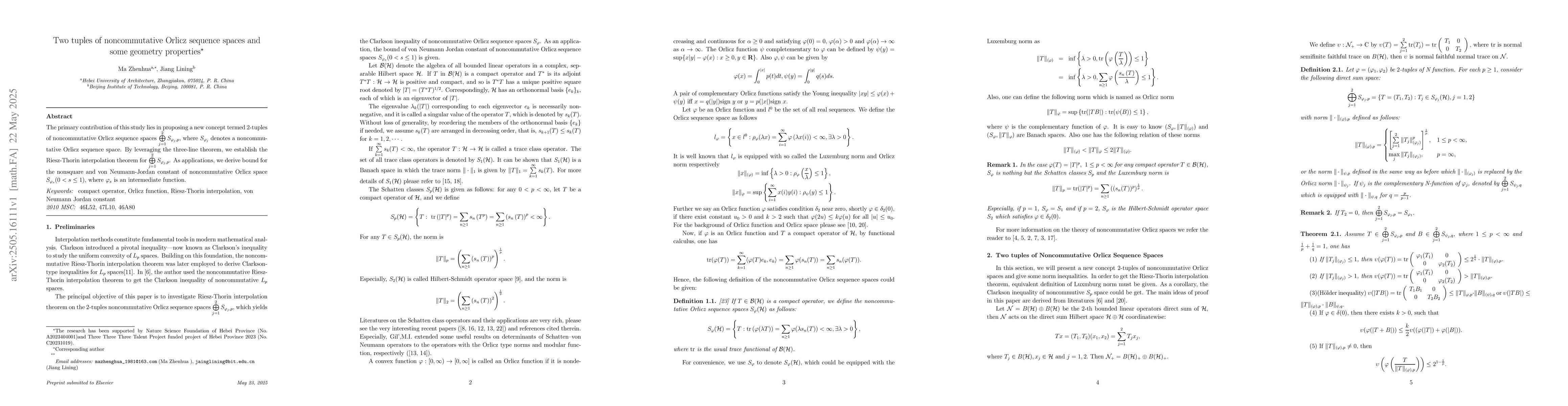 Thumbnail for Two tuples of noncommutative Orlicz sequence spaces and some geometry
  properties