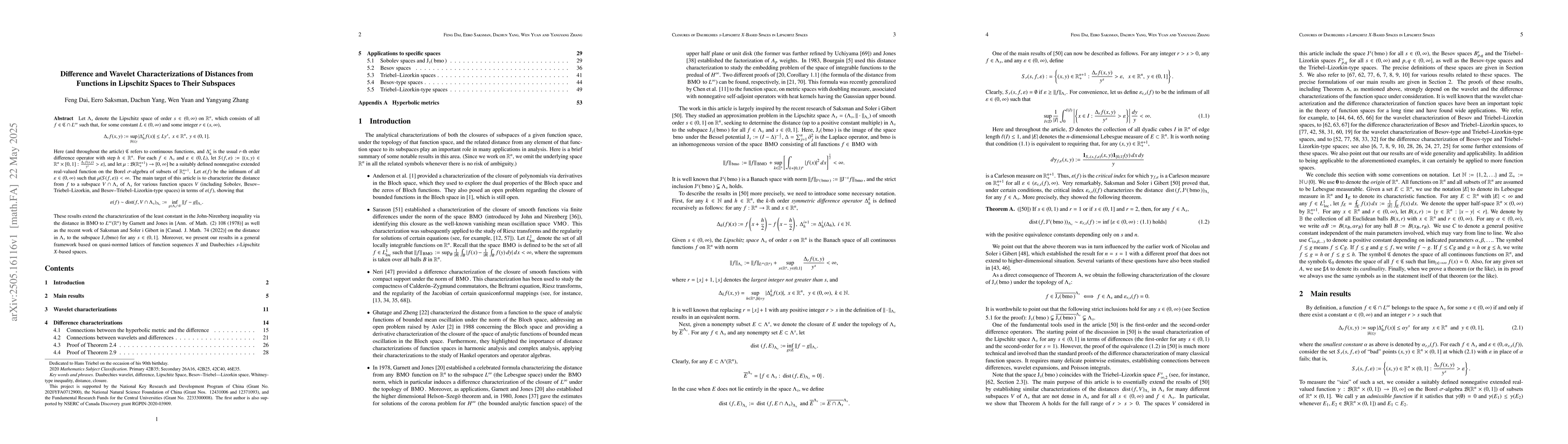 Thumbnail for Difference and Wavelet Characterizations of Distances from Functions in
  Lipschitz Spaces to Their Subspaces