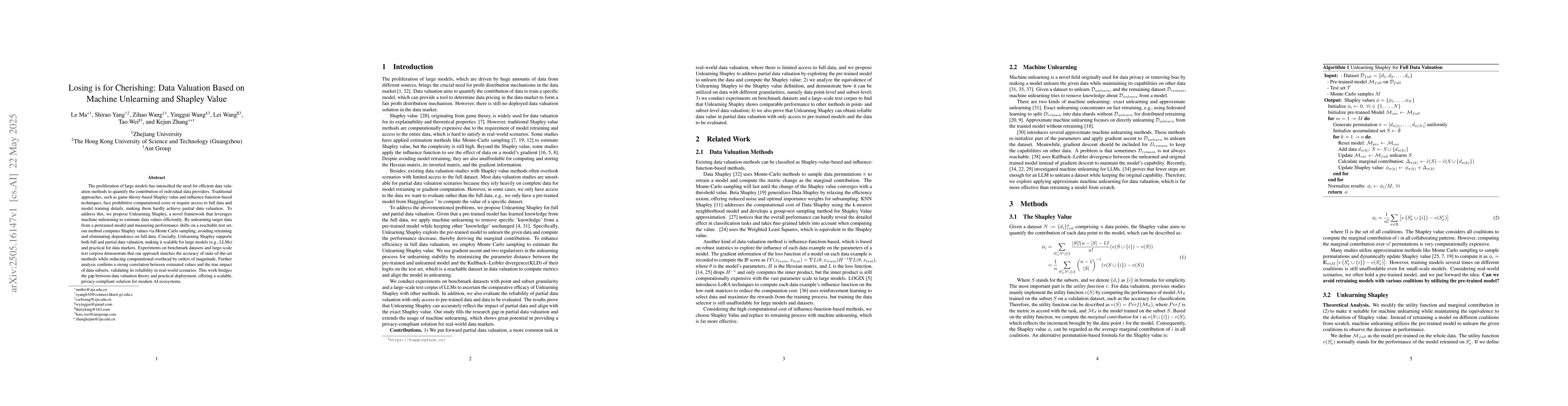 Thumbnail for Losing is for Cherishing: Data Valuation Based on Machine Unlearning and
  Shapley Value