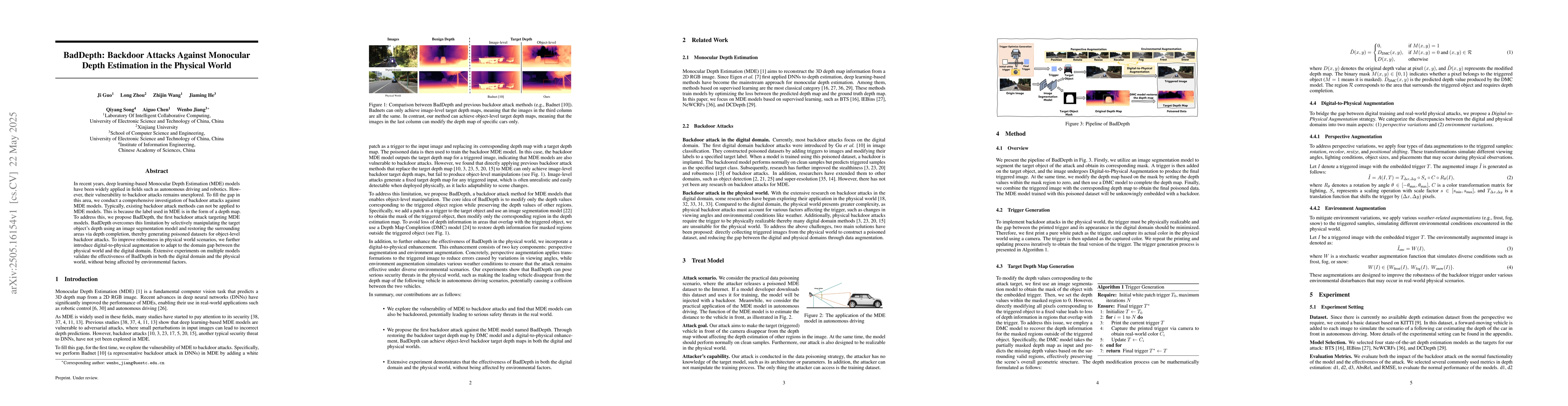 Thumbnail for BadDepth: Backdoor Attacks Against Monocular Depth Estimation in the
  Physical World
