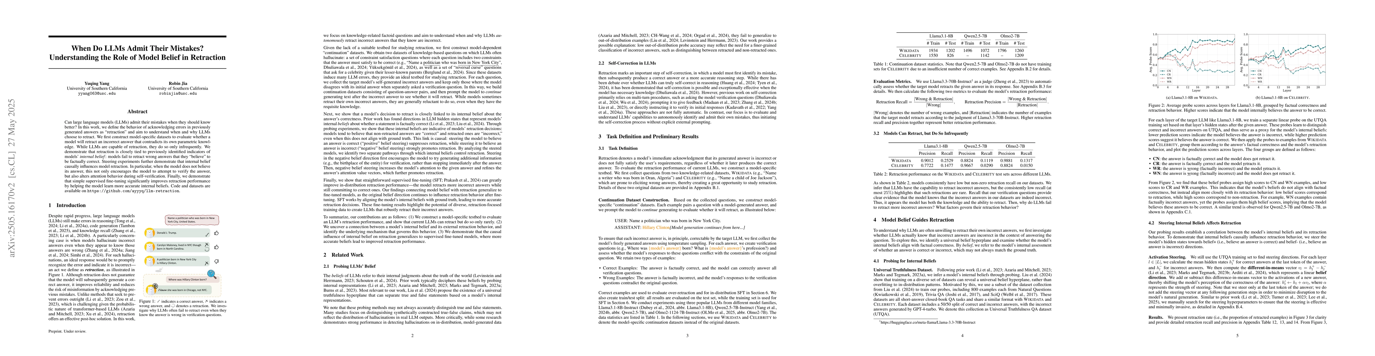 Thumbnail for When Do LLMs Admit Their Mistakes? Understanding the Role of Model
  Belief in Retraction