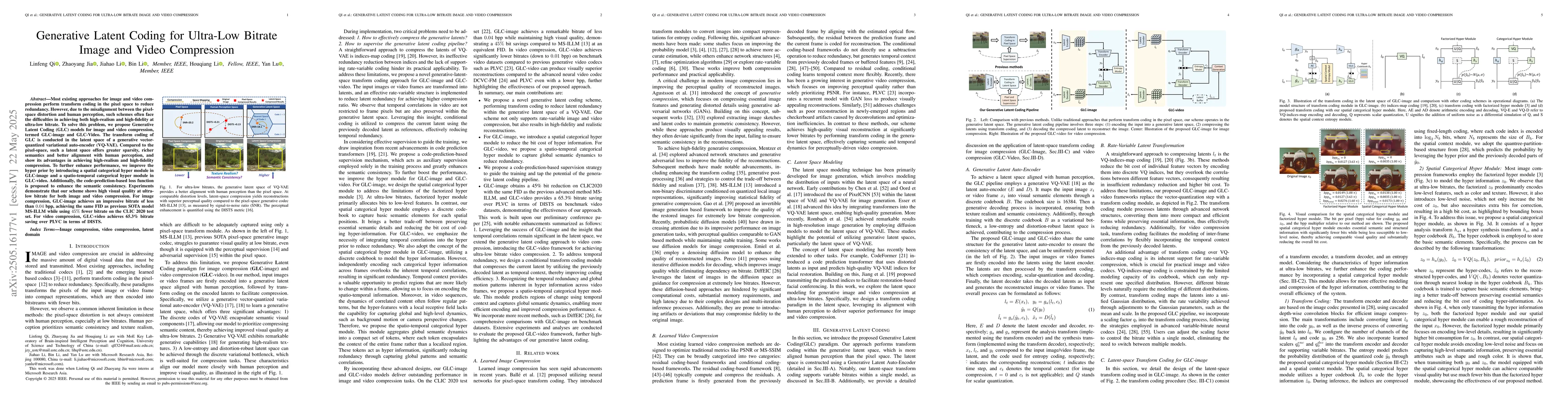 Thumbnail for Generative Latent Coding for Ultra-Low Bitrate Image and Video
  Compression