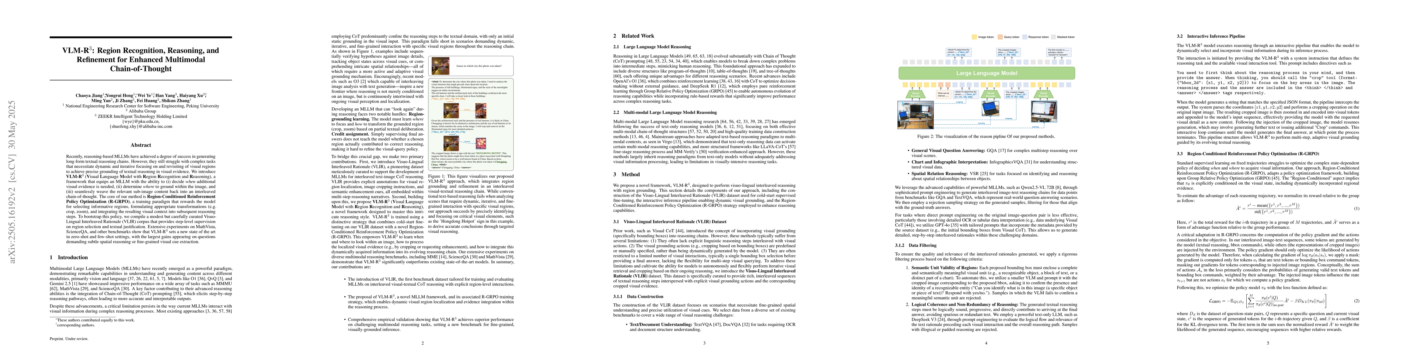 Thumbnail for VLM-R$^3$: Region Recognition, Reasoning, and Refinement for Enhanced
  Multimodal Chain-of-Thought
