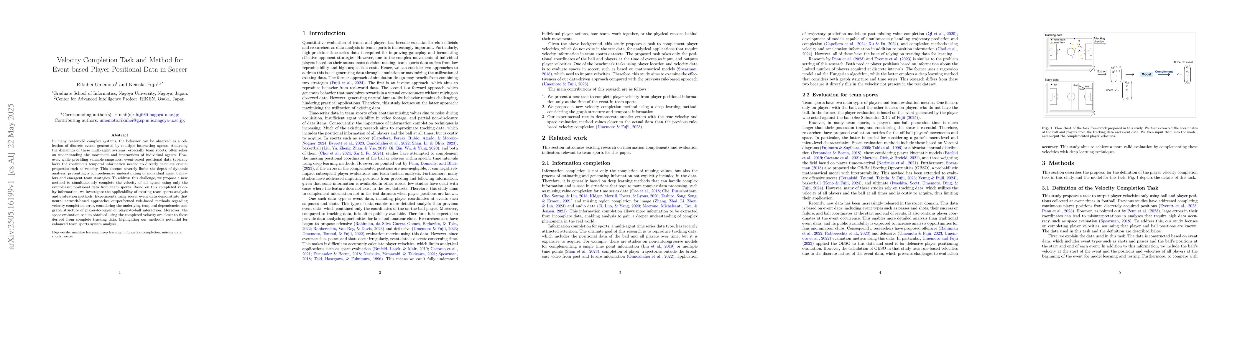 Thumbnail for Velocity Completion Task and Method for Event-based Player Positional
  Data in Soccer