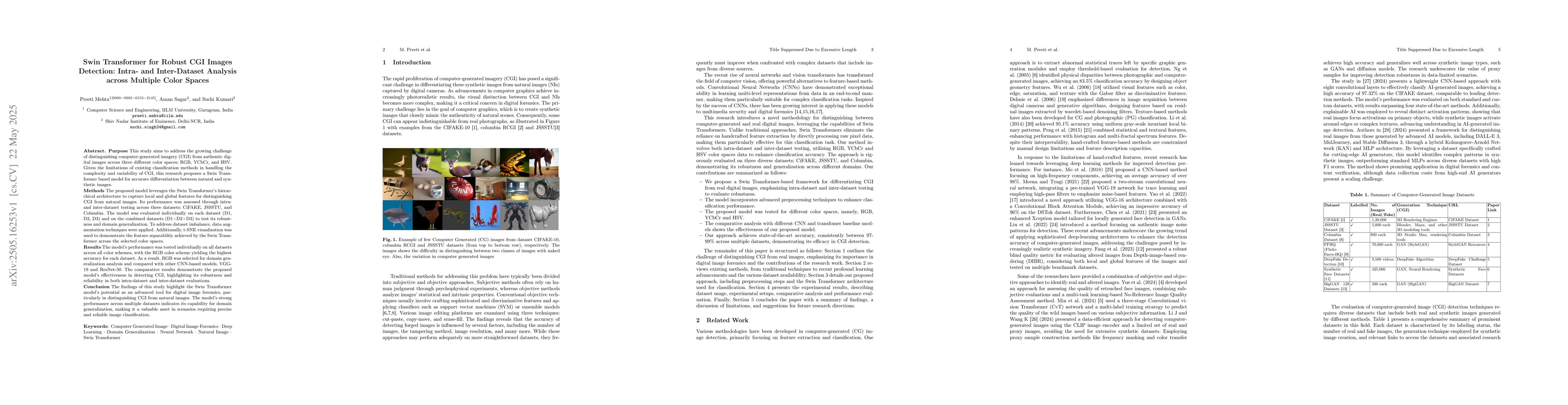 Thumbnail for Swin Transformer for Robust CGI Images Detection: Intra- and
  Inter-Dataset Analysis across Multiple Color Spaces
