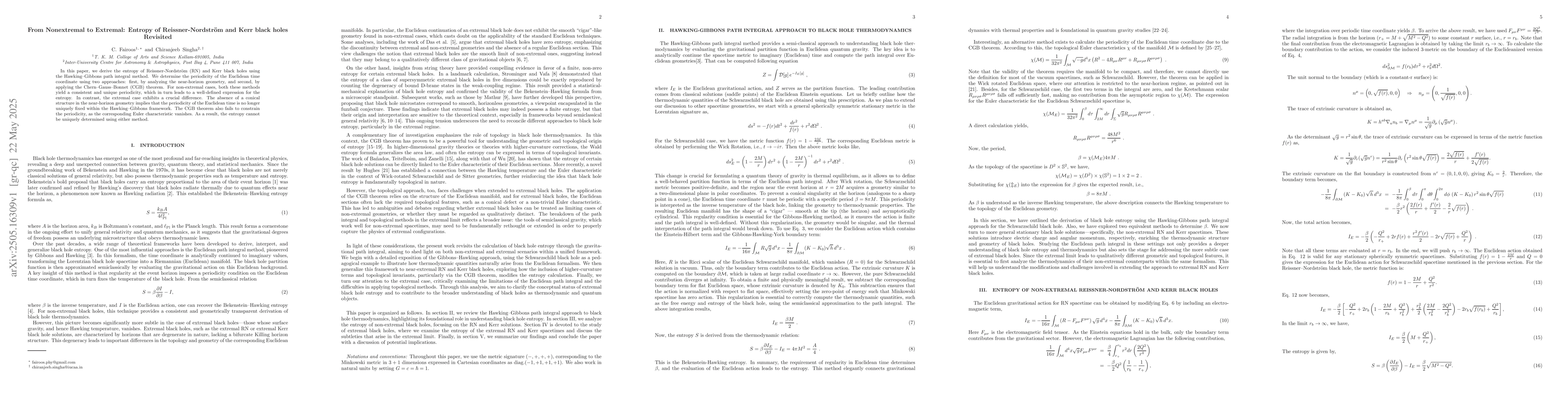 Thumbnail for From Nonextremal to Extremal: Entropy of Reissner-Nordström and Kerr
  black holes Revisited
