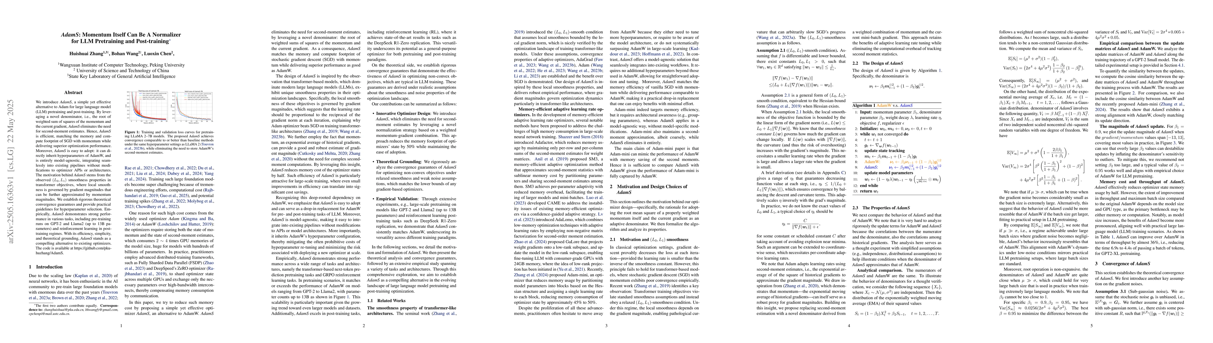 Thumbnail for AdamS: Momentum Itself Can Be A Normalizer for LLM Pretraining and
  Post-training