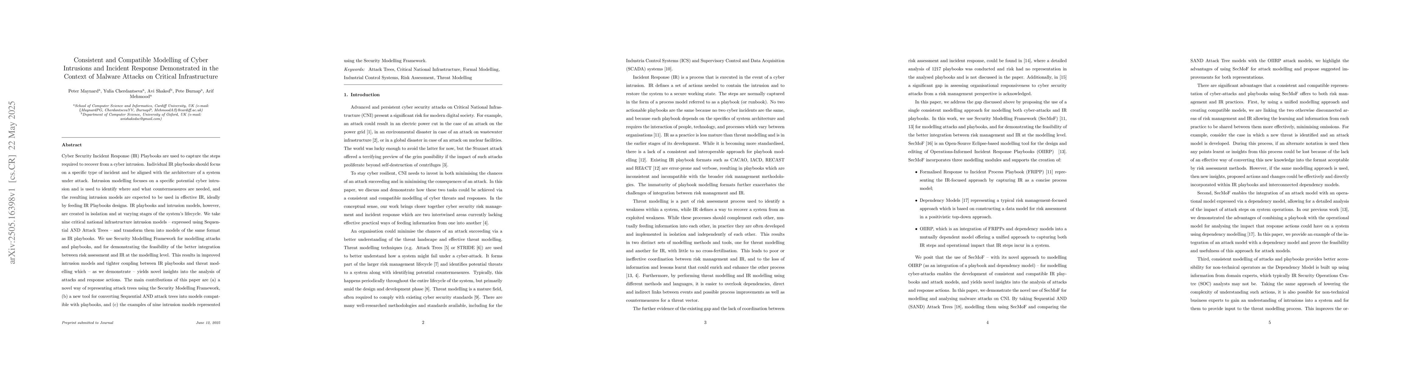 Thumbnail for Consistent and Compatible Modelling of Cyber Intrusions and Incident
  Response Demonstrated in the Context of Malware Attacks on Critical
  Infrastructure