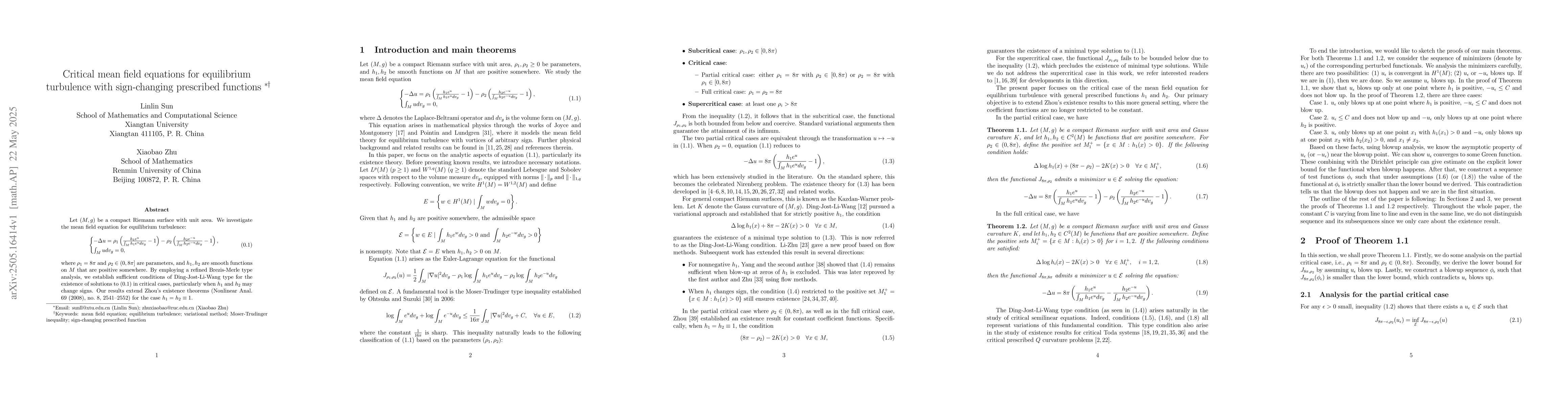 Thumbnail for Critical mean field equations for equilibrium turbulence with
  sign-changing prescribed functions