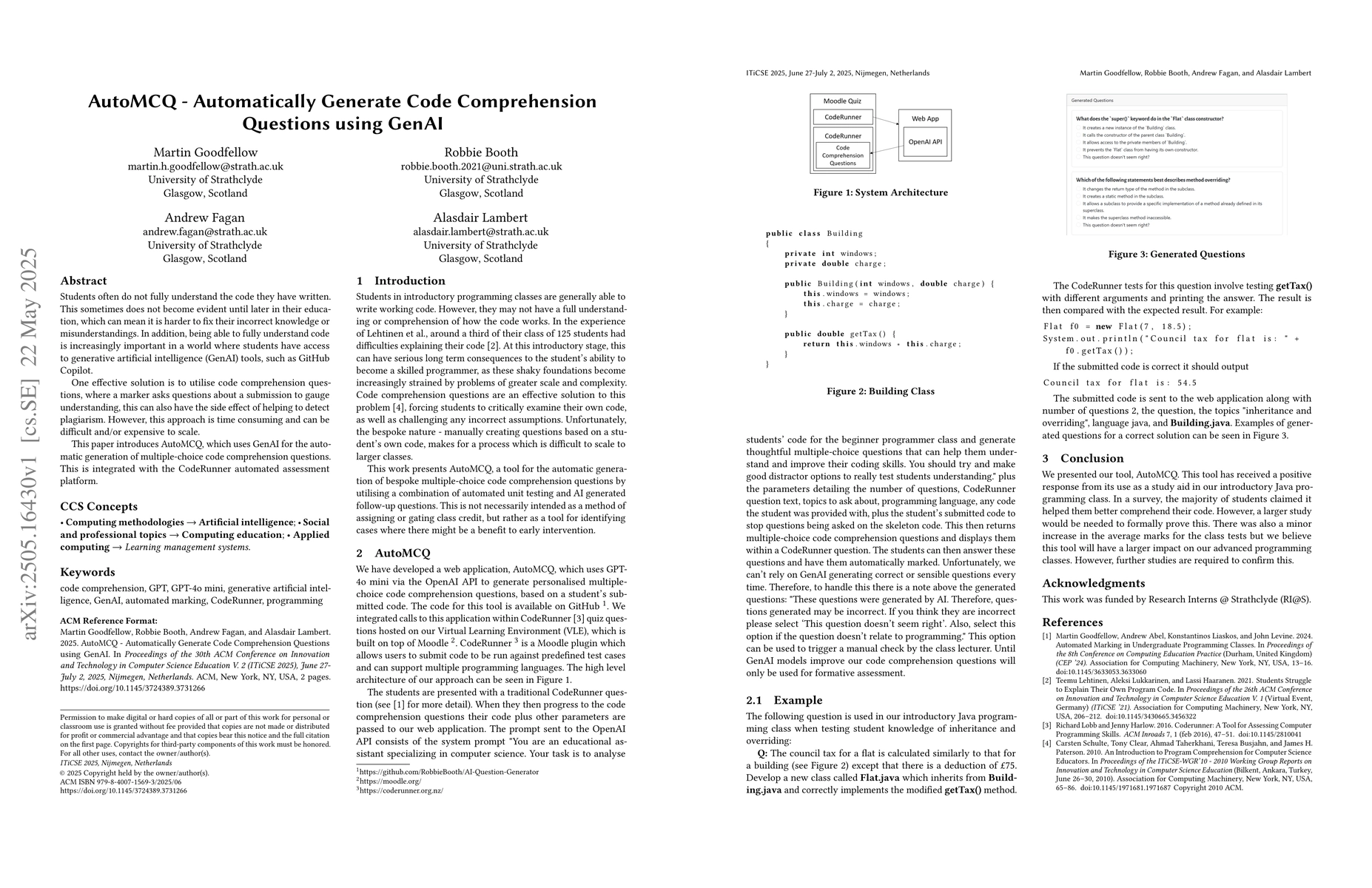 Thumbnail for AutoMCQ -- Automatically Generate Code Comprehension Questions using
  GenAI