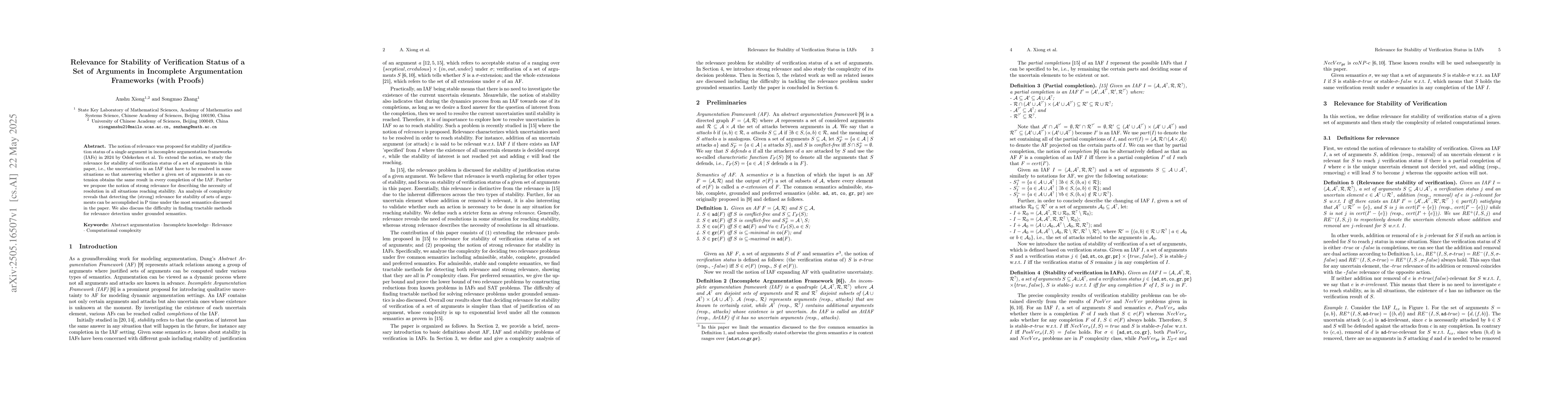 Thumbnail for Relevance for Stability of Verification Status of a Set of Arguments in
  Incomplete Argumentation Frameworks (with Proofs)