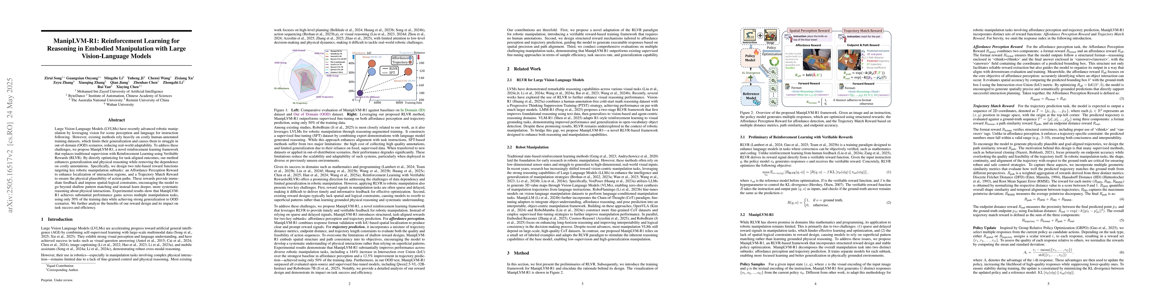 Thumbnail for ManipLVM-R1: Reinforcement Learning for Reasoning in Embodied
  Manipulation with Large Vision-Language Models