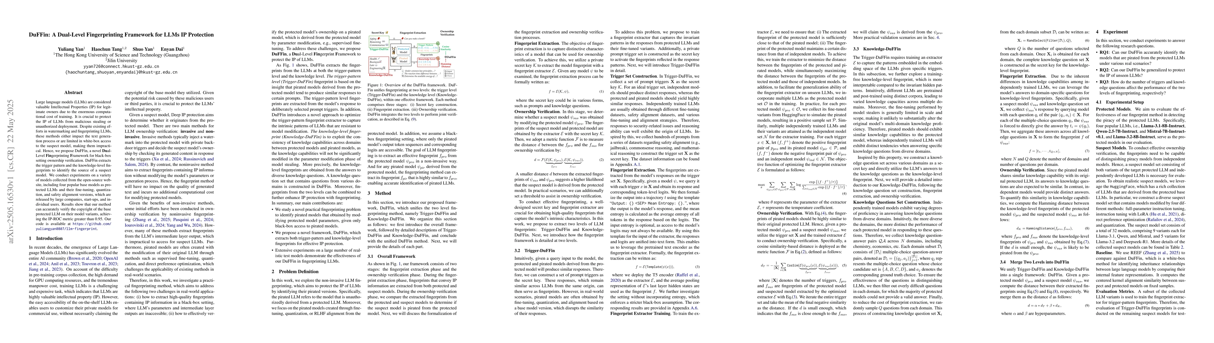 Thumbnail for DuFFin: A Dual-Level Fingerprinting Framework for LLMs IP Protection